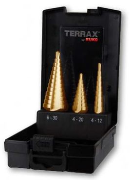 Sada stupňovitých vrtákov TERRAX, HSS-TiN, 3 ks